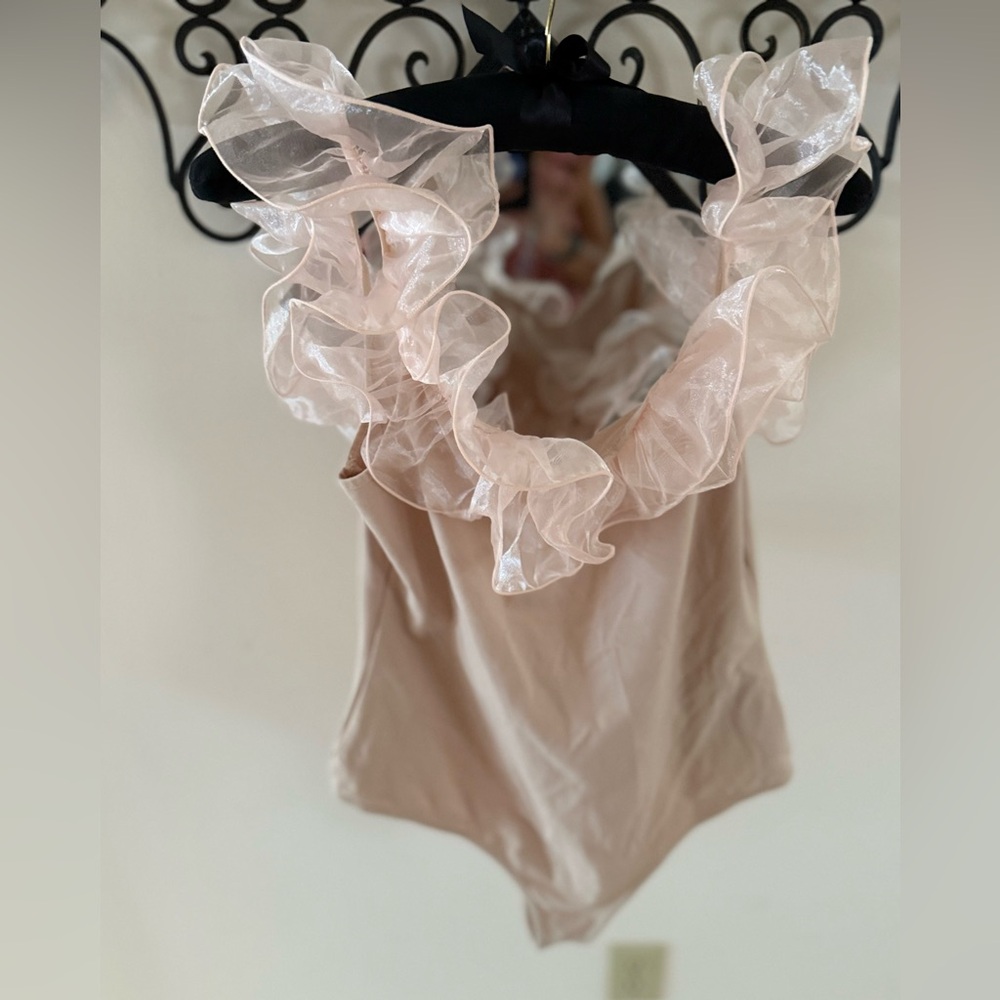Free People Cream Bodysuit with Sheer Ruffle